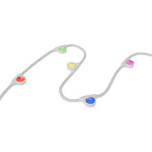 Color-changing LED light string with colored bulb modules on a white flexible cable