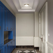 14 in slim LED flush mount light fixture on ceiling, lit white diffuser