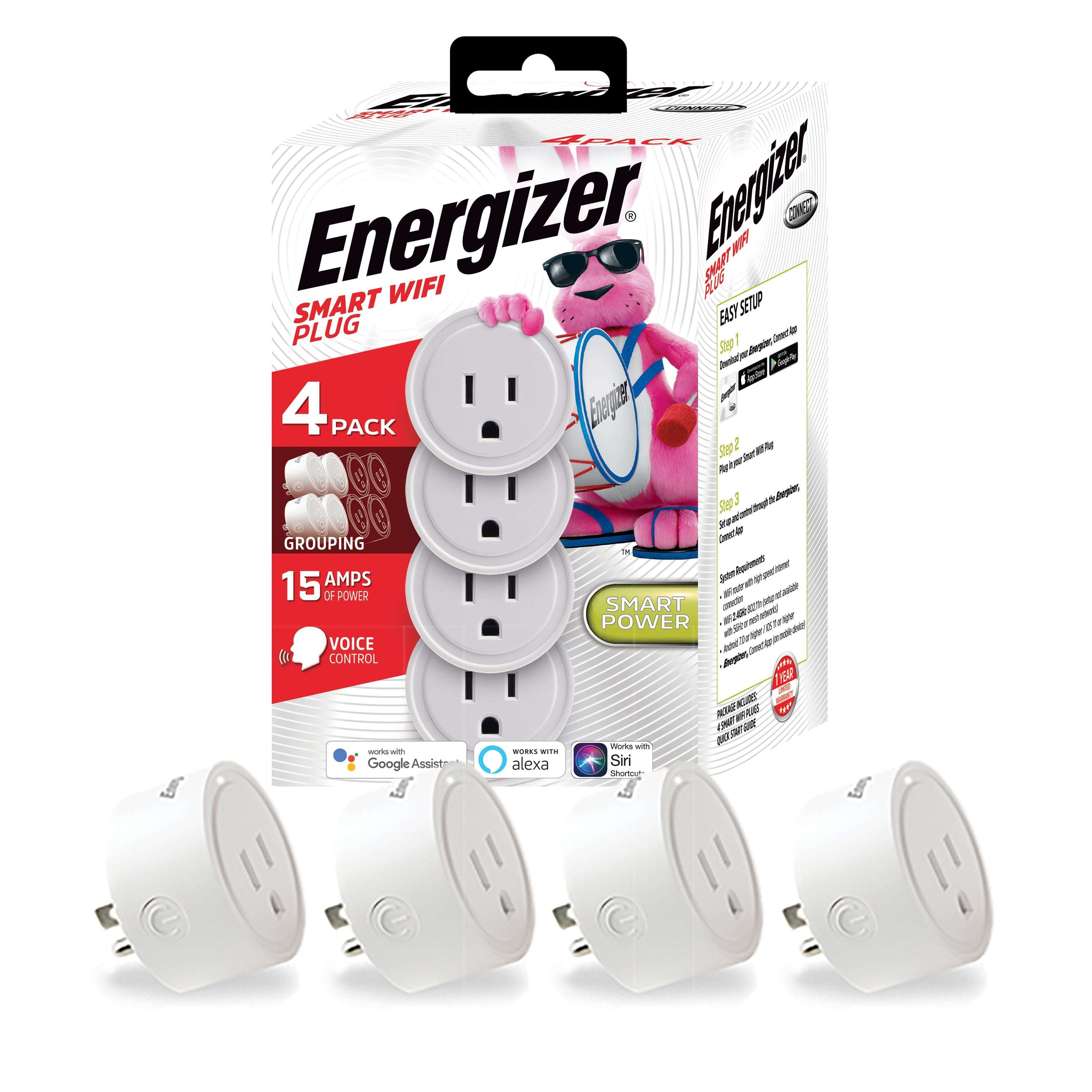 Energizer Smart Wi-Fi 15 Amp Wall Outlet Plug, Voice Control, Remote Access, Mobile App