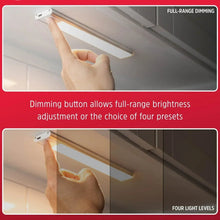 Rechargeable LED light bar with dimming control button, mounted under cabinet