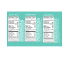 Energy drink nutrition facts panels for orange, cherry, and pink flavors on back card