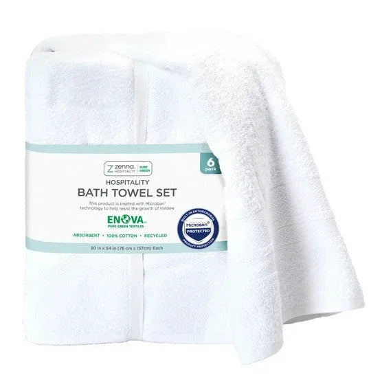 Enova Recycled Cotton Bath Towels for Hospitality and Home, White, Set of 6 - USA MEGA SHOP