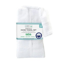 Packaged 12-count white hospitality hand towels, visible front label on plastic wrap