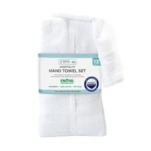 White hospitality hand towel set of 12, folded and wrapped in retail pack