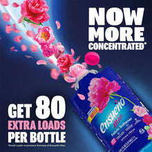 Blue fabric softener bottle with pink flowers, 'Now More Concentrated' and '80 extra loads'