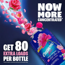 Fabric softener bottle with pink flower splash and 'Now more concentrated' graphic
