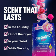 Blue fabric softener bottle with pink flowers and 'Scent That Lasts' text panel
