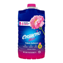 Liquid fabric softener bottle, blue with pink cap and spring fresh flower graphic