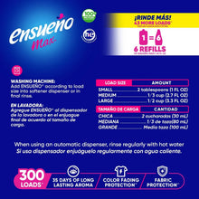 Ensueño Max fabric softener usage chart panel with load size and amount directions