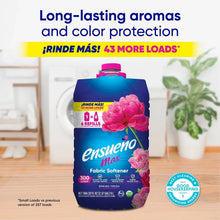 Blue Ensueño Max fabric softener bottle with pink blossoms and magenta cap