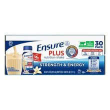 Vanilla nutrition shake 30-pack carton showing strength & energy front and bottle.