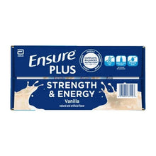 Vanilla nutrition shake carton front with strength & energy text and health icons.
