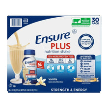 Vanilla nutrition shake carton, strength & energy, 30-pack, with bottle graphic.