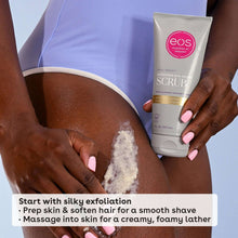 eos cashmere pre-shave body scrub tube next to foamy exfoliating lather