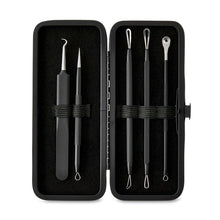 Metal acne blemish tool set in black case with five extraction tools
