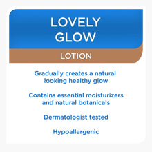 Lovely Glow lotion front label with blue text and tan stripe