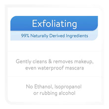 Exfoliating cleansing wipe label: 99% naturally derived ingredients
