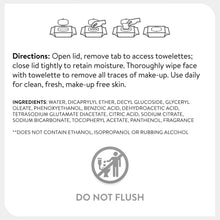 Cleansing wipe label with directions, ingredients, and do not flush icon