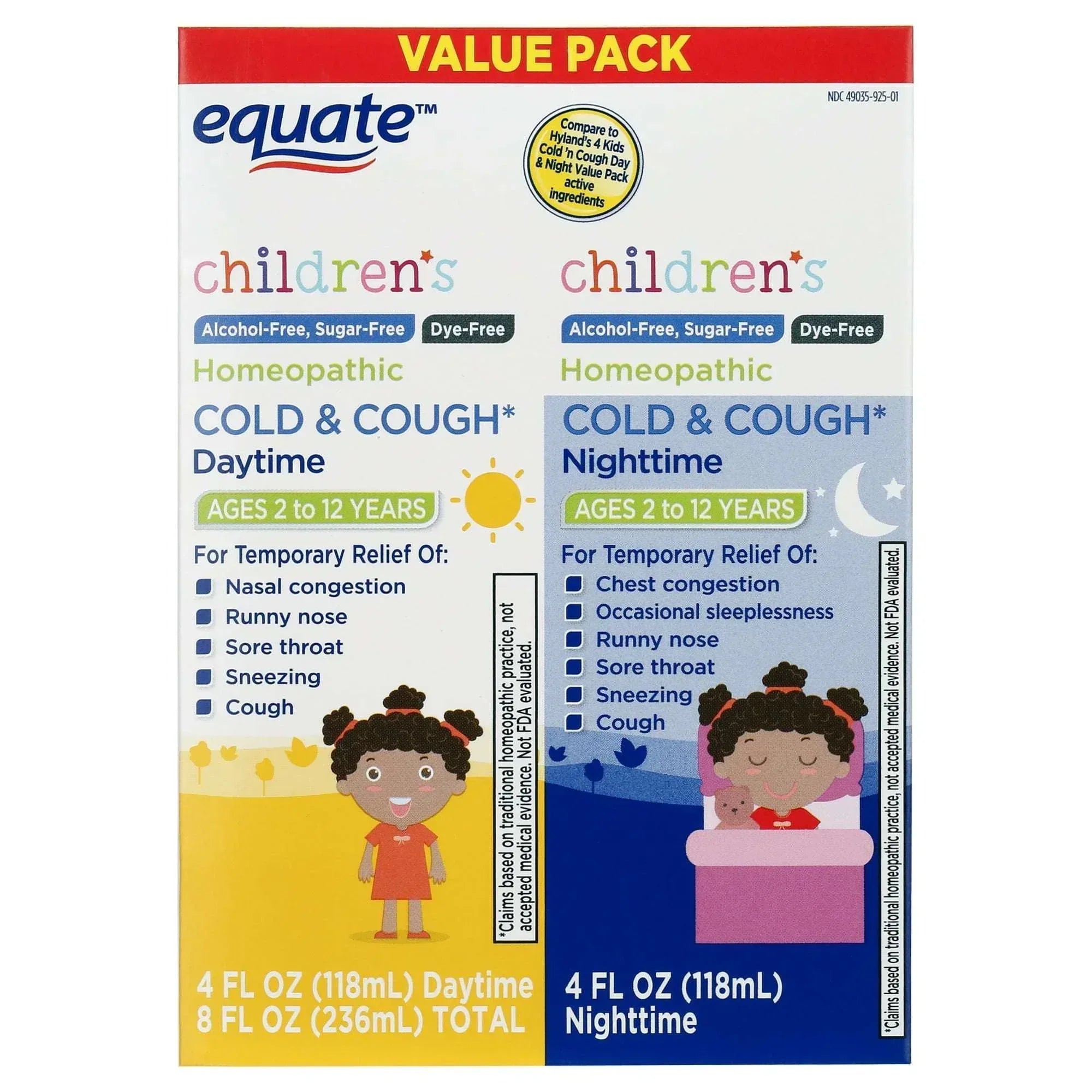 Equate Children’s Dye-Free Homeopathic Daytime & Nighttime Cold & Cough Liquid Combo Pack, 8 fl oz (2×4 fl oz)