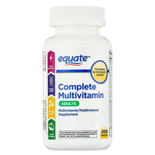 Adult complete multivitamin supplement bottle, white cap, 200 tablets label