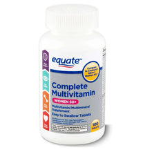 Multivitamin supplement bottle with white cap, Equate Complete label for women 50+.