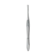 Stainless steel slant-tip tweezer with textured grip on slim handle