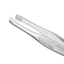Dual stainless steel tweezers with slant and square tips, textured grips
