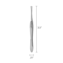 Stainless steel slant-tip tweezer with textured grip, slim handle