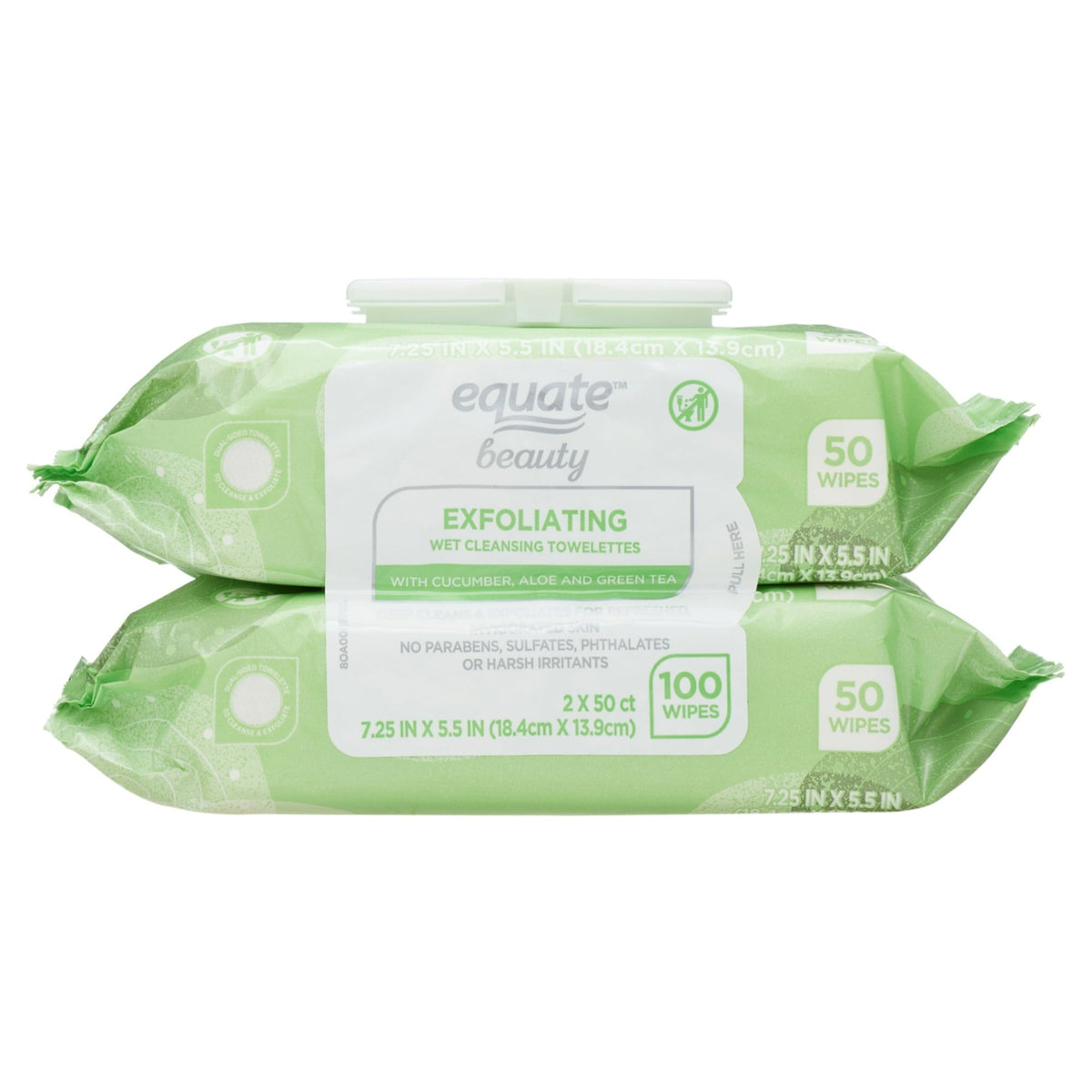 Equate Exfoliating Cleansing Towelettes with Cucumber, Aloe, and Green Tea, 100 Count