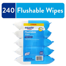 240 flushable wipes package, blue and white, five wrapped packs with fresh scent