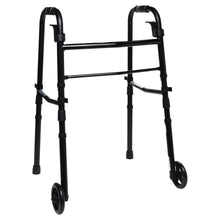 Black folding walker with curved handles and front caster wheels