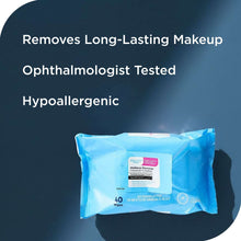 Makeup remover cleansing towelettes package text: long-lasting makeup, tested, hypoallergenic