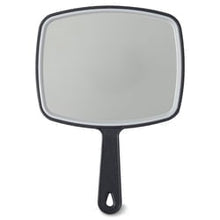 Black hand face mirror with rounded square shape and short handle.