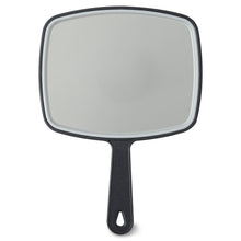 Black hand face mirror with rounded rectangle frame and long handle.