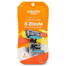 Men's 5-blade disposable razor pack with 3 razors, orange/yellow blister
