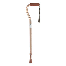 Bronze offset aluminum cane standing upright with wrist strap and rubber tip