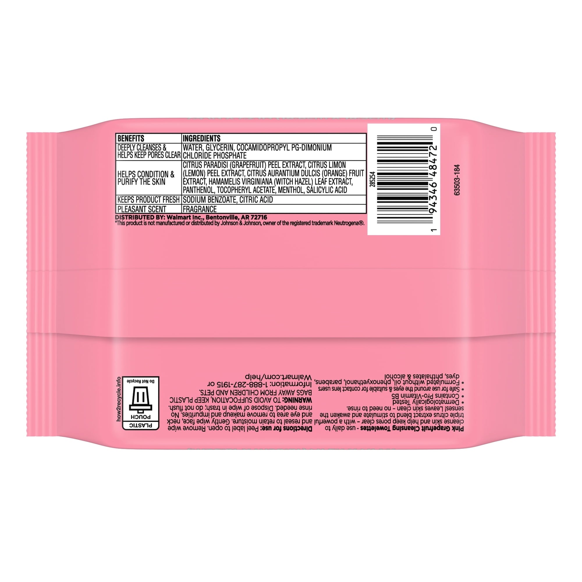 Equate Pink Grapefruit Cleansing Towelettes, 40 Count
