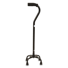 Height-adjustable quad walking cane with cushioned handle and small 4-leg base
