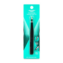 Equate slant-tip pointed tweezer with black handle and stainless-steel tips in package
