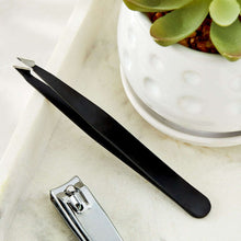 Stainless-steel slant-point tweezer with black grip handle
