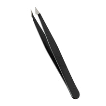 Black slant-tip pointed tweezer with stainless-steel tips