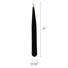 4-inch slant-tip pointed tweezer with black handle and metal tips