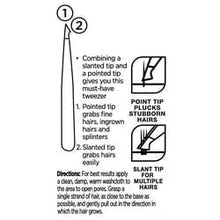 Slanted point tweezer usage diagram on product packaging