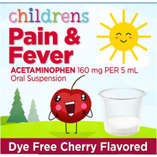 Children’s pain & fever label, acetaminophen 160 mg per 5 mL, cherry flavor