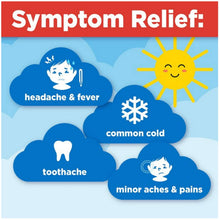 Symptom relief chart showing headache, fever, toothache, and minor aches