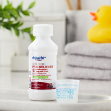 Equate children’s pain reliever liquid bottle with measuring dosing cup, cherry