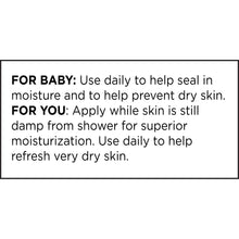 Baby oil directions label panel: use daily; apply on damp skin