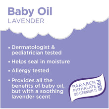 Lavender baby oil label panel with benefit bullets and paraben-free logo