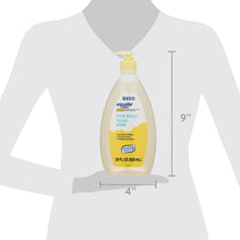 Mild baby wash bottle with yellow pump, 28 fl oz (828 mL), 9 in tall.