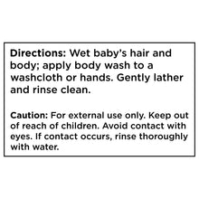 Mild baby wash directions panel: wet, apply, gently lather, rinse clean.